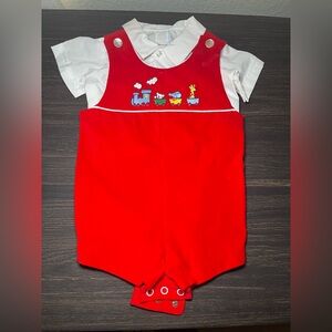 VINTAGE 70’s Red Baby Suede Romper with Train Embroidery +Shirt 6-9MO